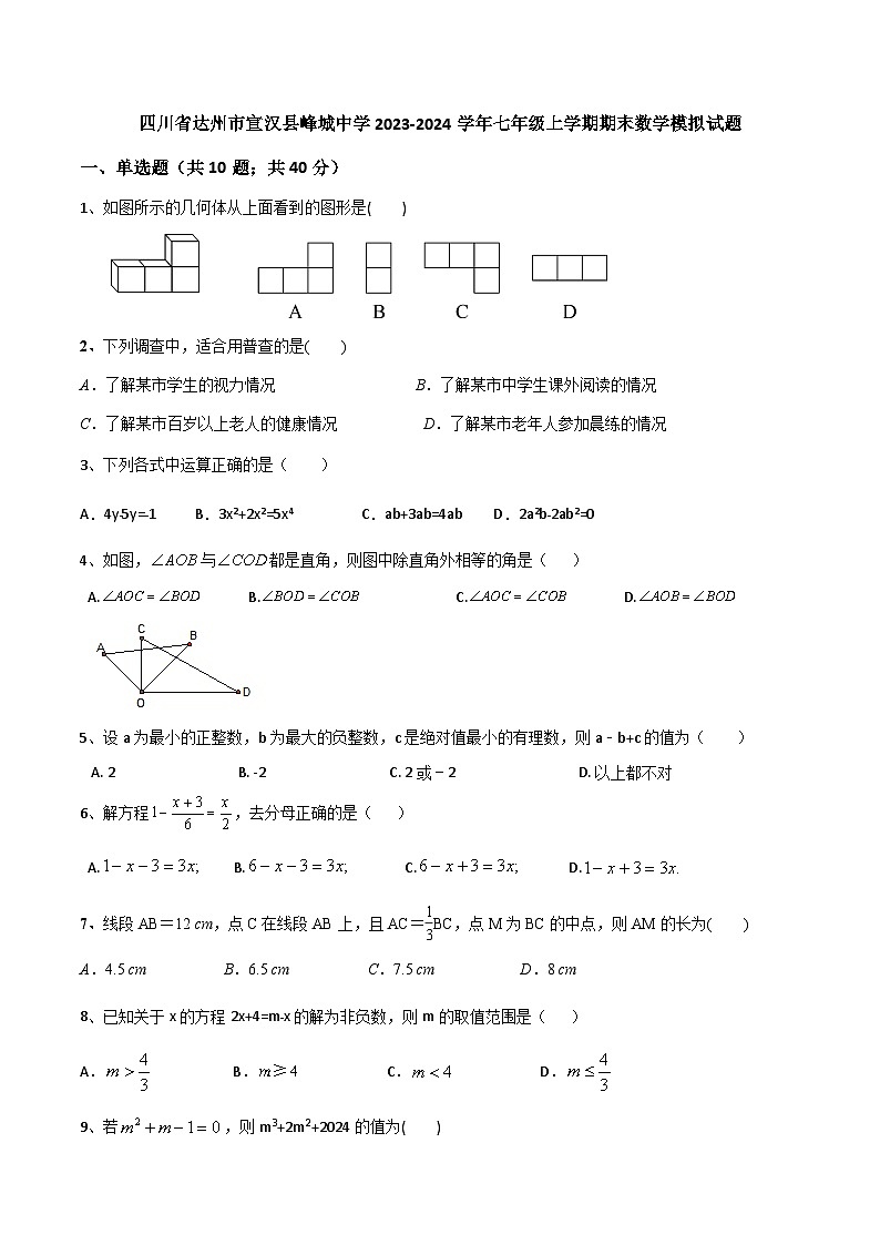 四川省达州市宣汉县峰城中学2023-2024学年七年级上学期期末数学模拟试题第1页