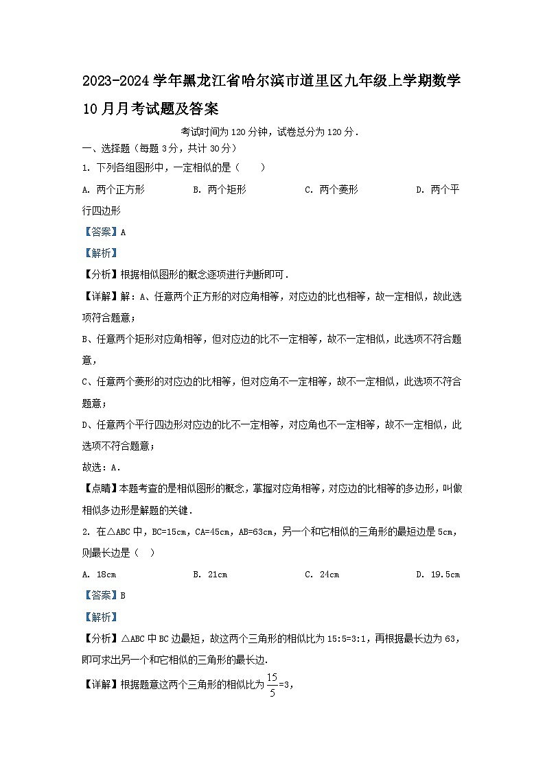 2023-2024学年黑龙江省哈尔滨市道里区九年级上学期数学10月月考试题及答案第1页