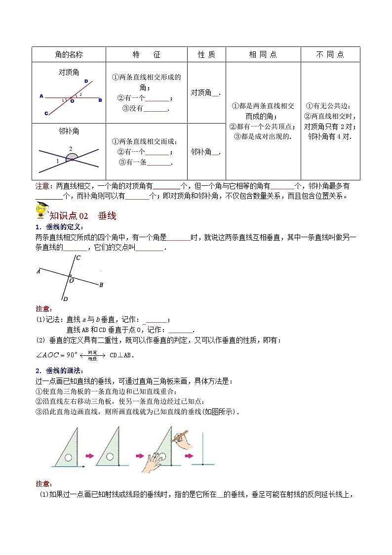 人教版七年级数学下册同步精品讲义专题第01课 相交线,垂线(学生版)02