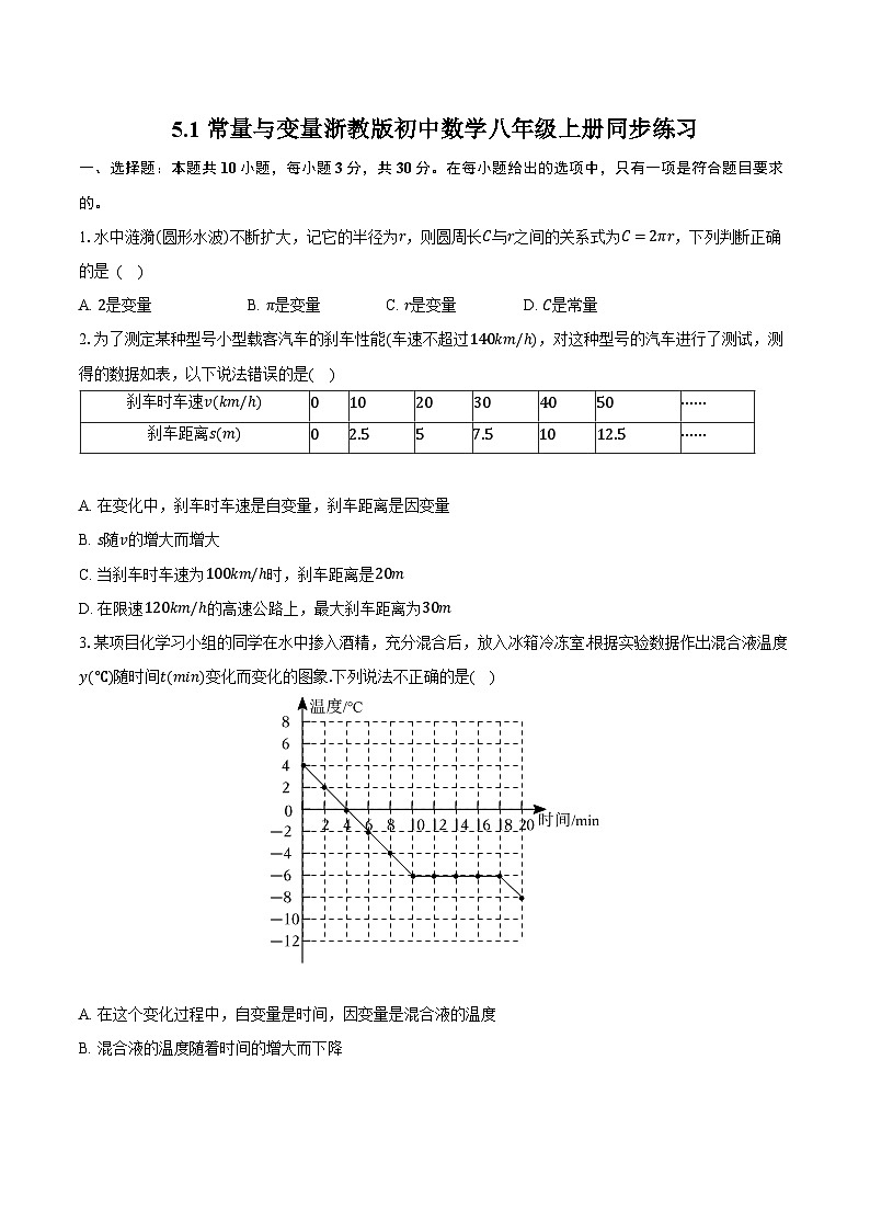 5.1常量与变量 浙教版初中数学八年级上册同步练习(含详细答案解析)第1页