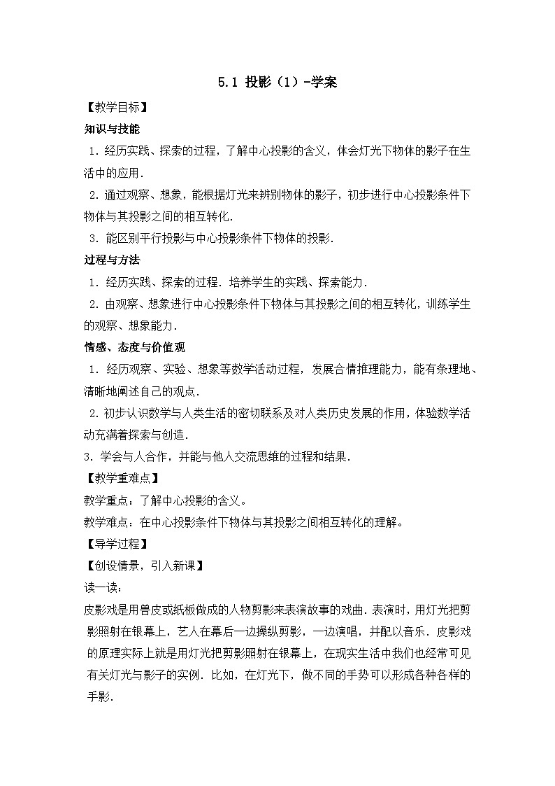 北师大版数学九年级上册 5.1 投影 第1课时 课件+导学案+教学设计+分层练习01