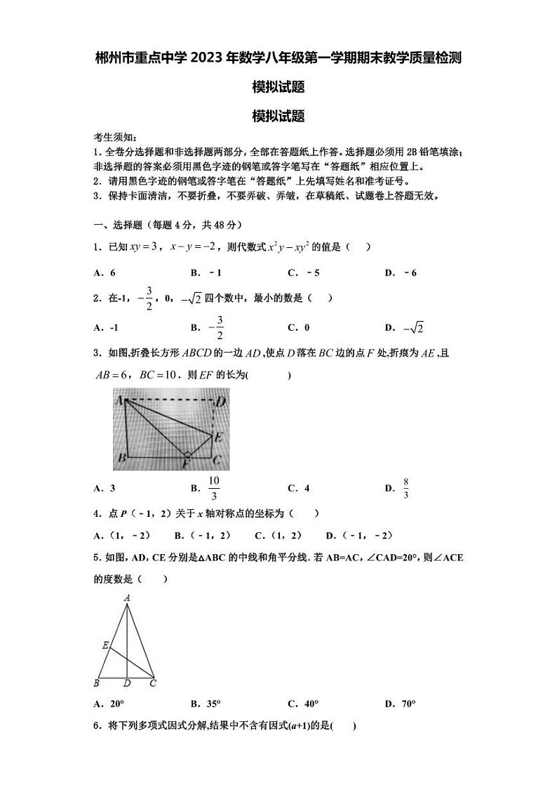 郴州市重点中学2023年数学八年级第一学期期末教学质量检测模拟试题【含解析】第1页