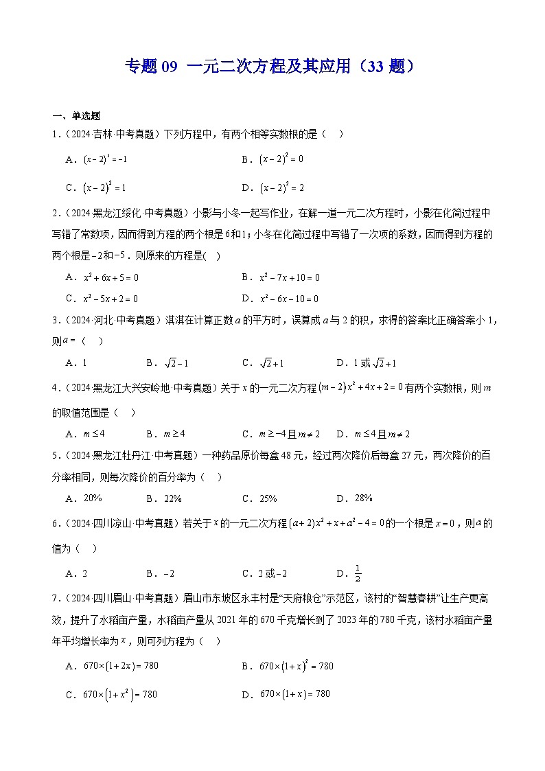 专题09 一元二次方程及其应用(33题)(教师卷+学生卷)- 2024年中考数学真题分类汇编(全国通用)01