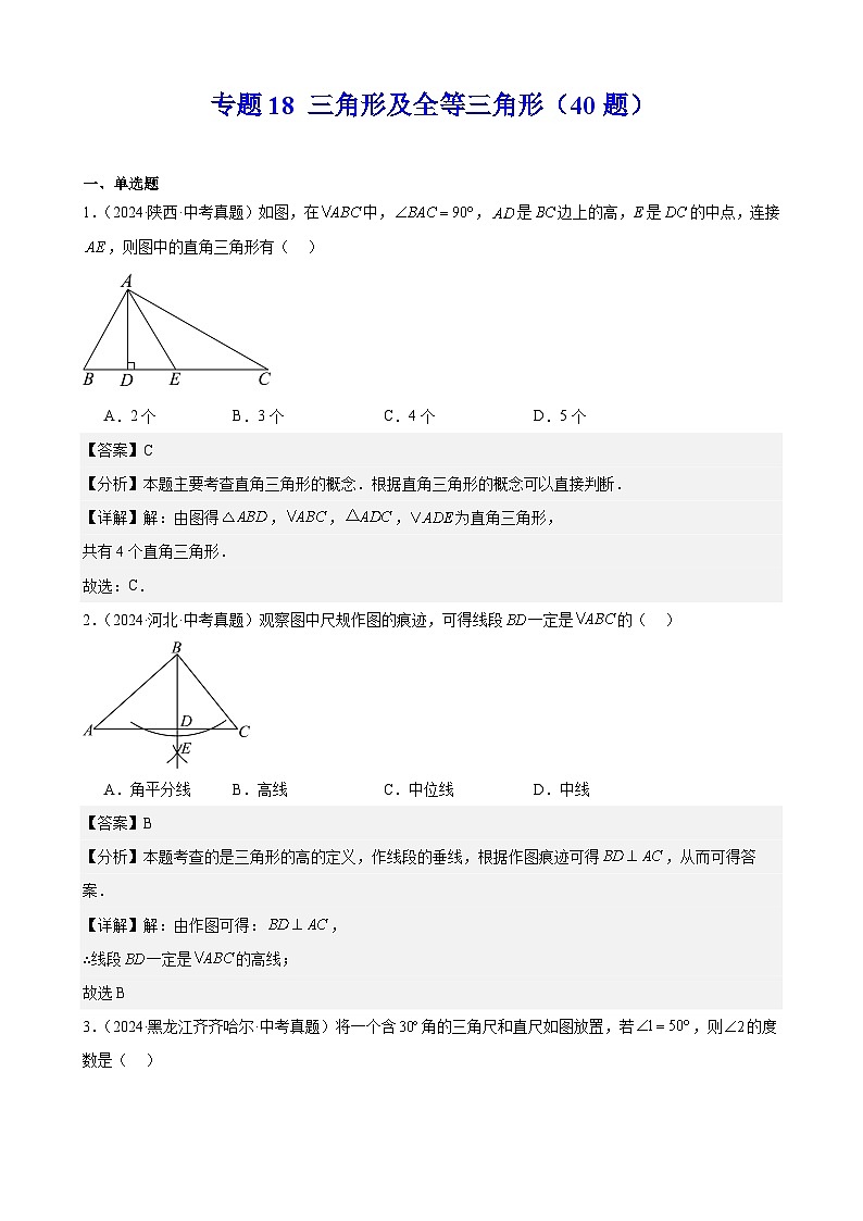 專題18 三角形及全等三角形（40題）（教師卷）- 2024年中考數(shù)學(xué)真題分類匯編（全國(guó)通用）第1頁(yè)