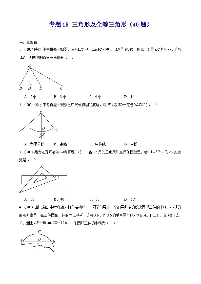 專題18 三角形及全等三角形（40題）（學(xué)生卷）- 2024年中考數(shù)學(xué)真題分類匯編（全國(guó)通用）第1頁(yè)
