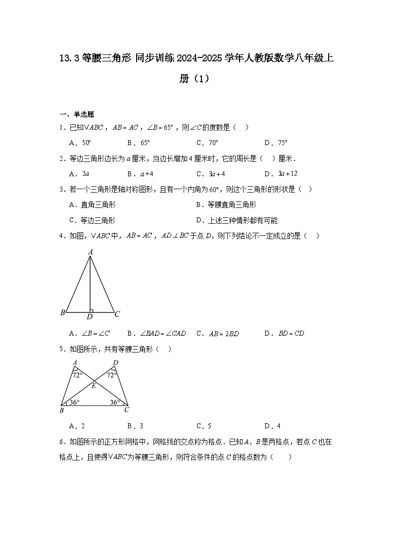 13.3等腰三角形 同步训练 2024-2025学年人教版数学八年级上册(1)01