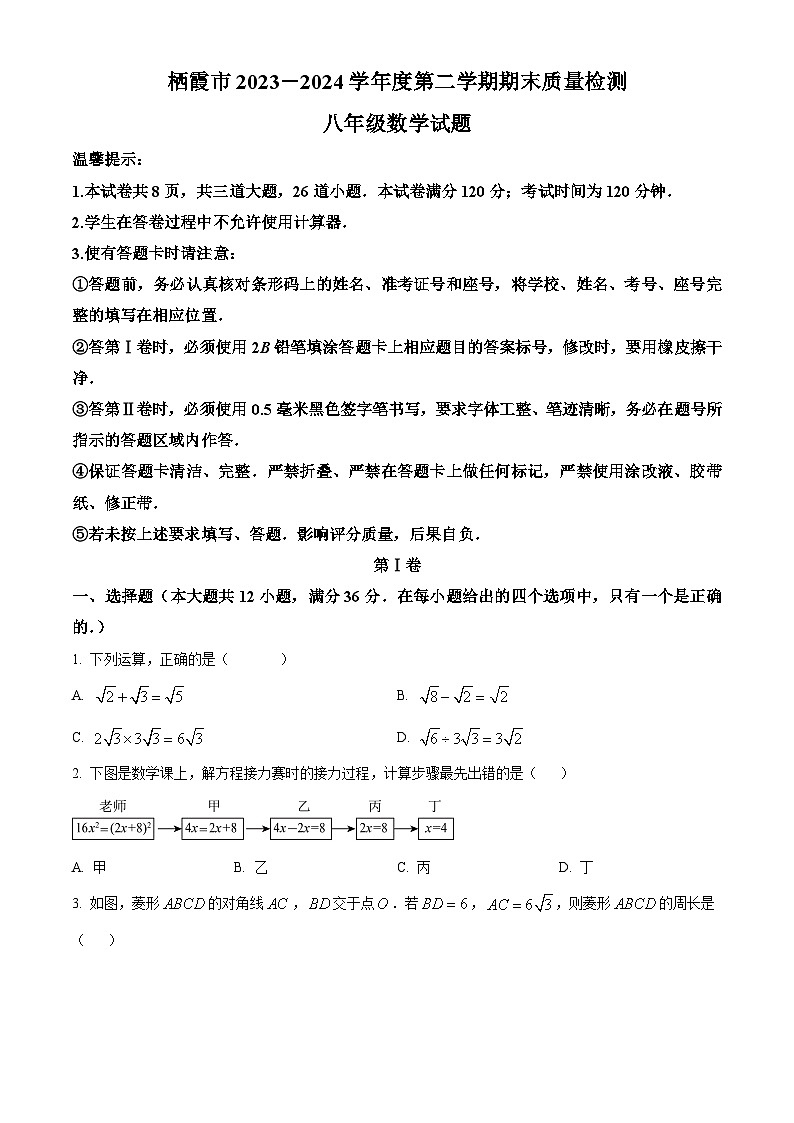 山东省烟台市栖霞市2023-2024学年八年级下学期期末数学试题(原卷版)01
