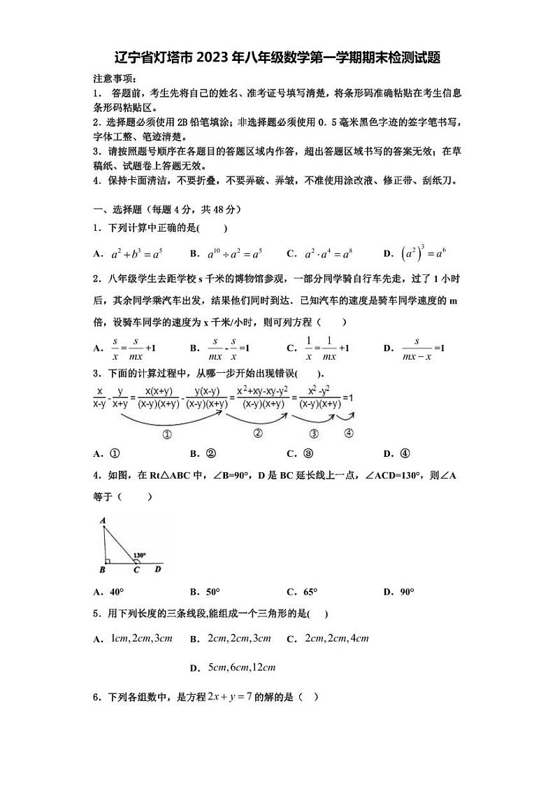 辽宁省灯塔市2023年八年级数学第一学期期末检测试题【含解析】第1页