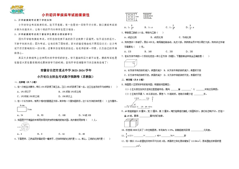 【开学考】安徽省合肥市重点中学2024-2025学年小升初自主招生考试数学预测卷(苏教版)01