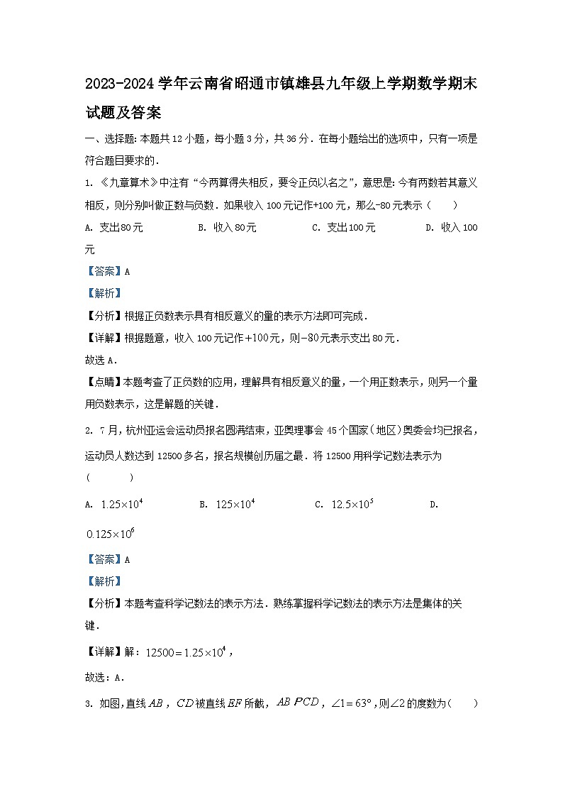 2023-2024学年云南省昭通市镇雄县九年级上学期数学期末试题及答案01