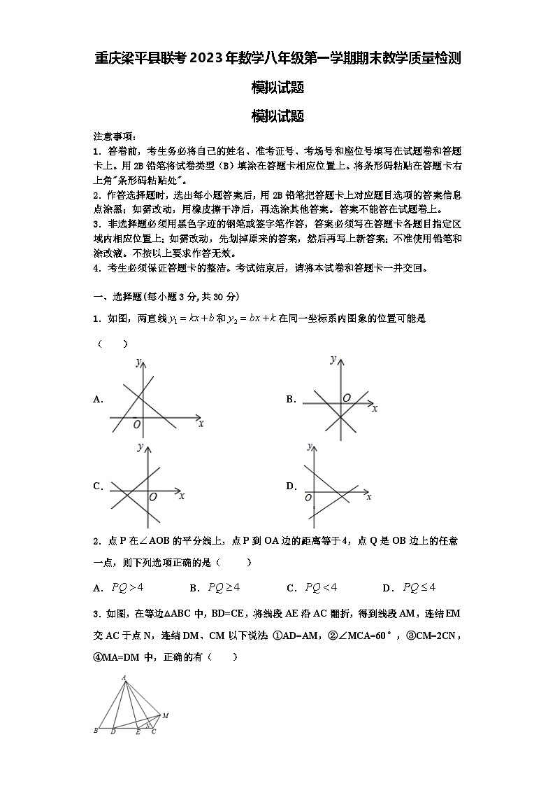 重庆梁平县联考2023年数学八年级第一学期期末教学质量检测模拟试题【含解析】第1页