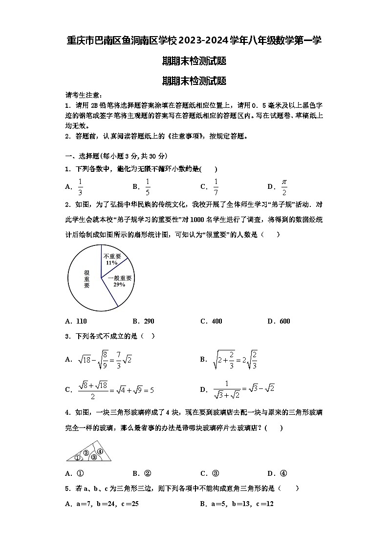 重庆市巴南区鱼洞南区学校2023-2024学年八年级数学第一学期期末检测试题【含解析】第1页