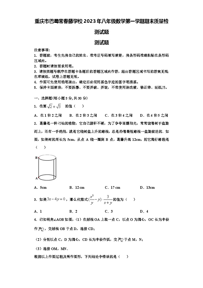 重庆市巴蜀常春藤学校2023年八年级数学第一学期期末质量检测试题【含解析】第1页