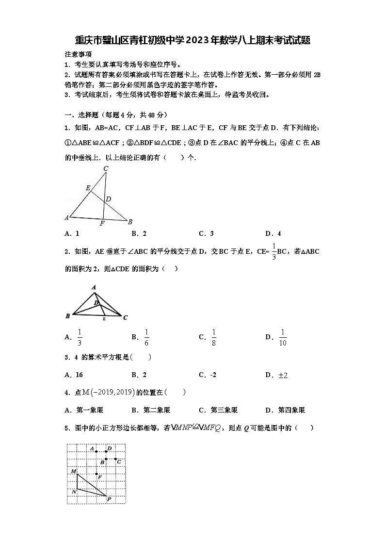 重庆市璧山区青杠初级中学2023年数学八上期末考试试题【含解析】第1页