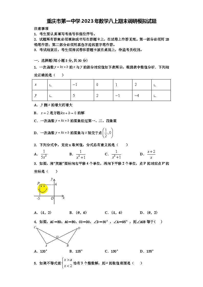 重庆市第一中学2023年数学八上期末调研模拟试题【含解析】第1页