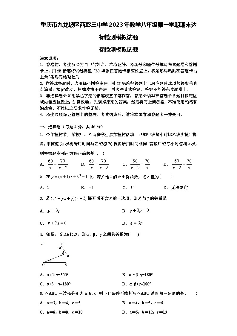 重庆市九龙坡区西彭三中学2023年数学八年级第一学期期末达标检测模拟试题【含解析】第1页