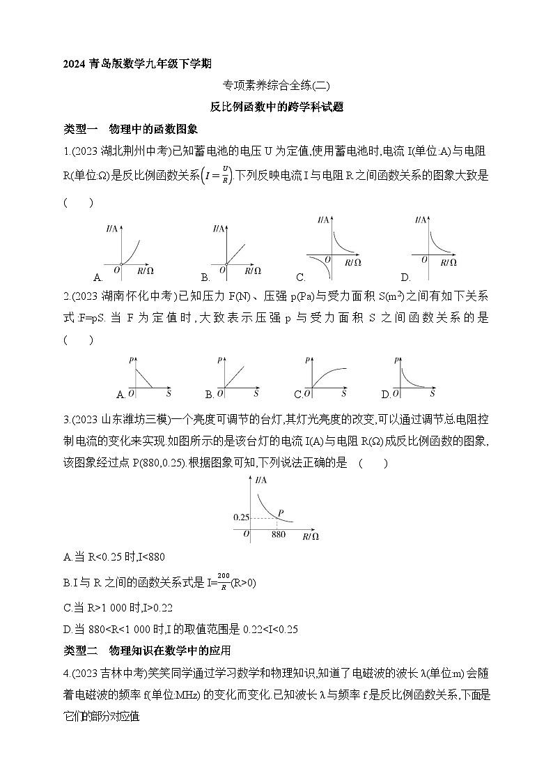 專項素養(yǎng)綜合全練（二）反比例函數(shù)中的跨學(xué)科試題練習(xí)（含解析）青島版數(shù)學(xué)九年級下冊第1頁