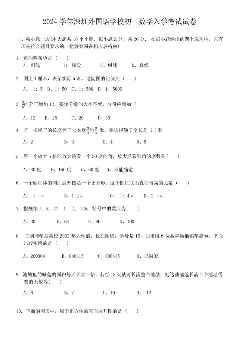 广东省深圳市外国语学校2024--2025学年上学期七年级入学考试数学试卷01