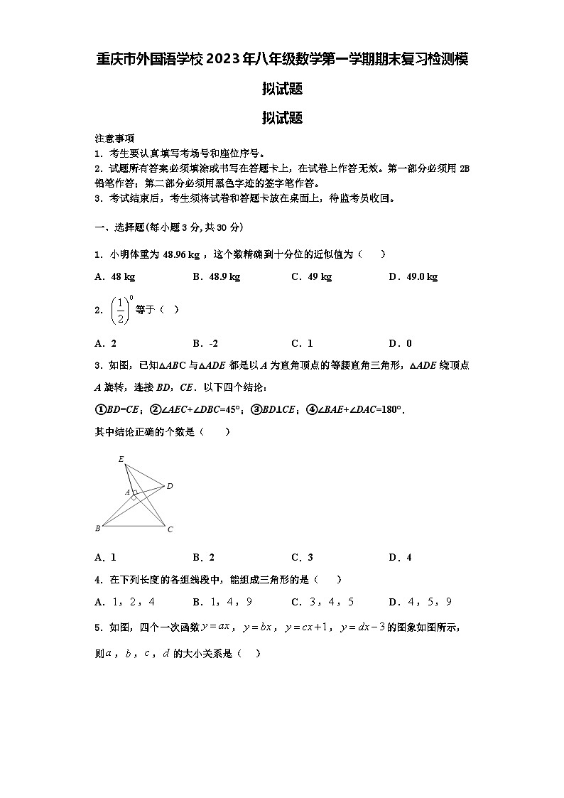 重庆市外国语学校2023年八年级数学第一学期期末复习检测模拟试题【含解析】第1页