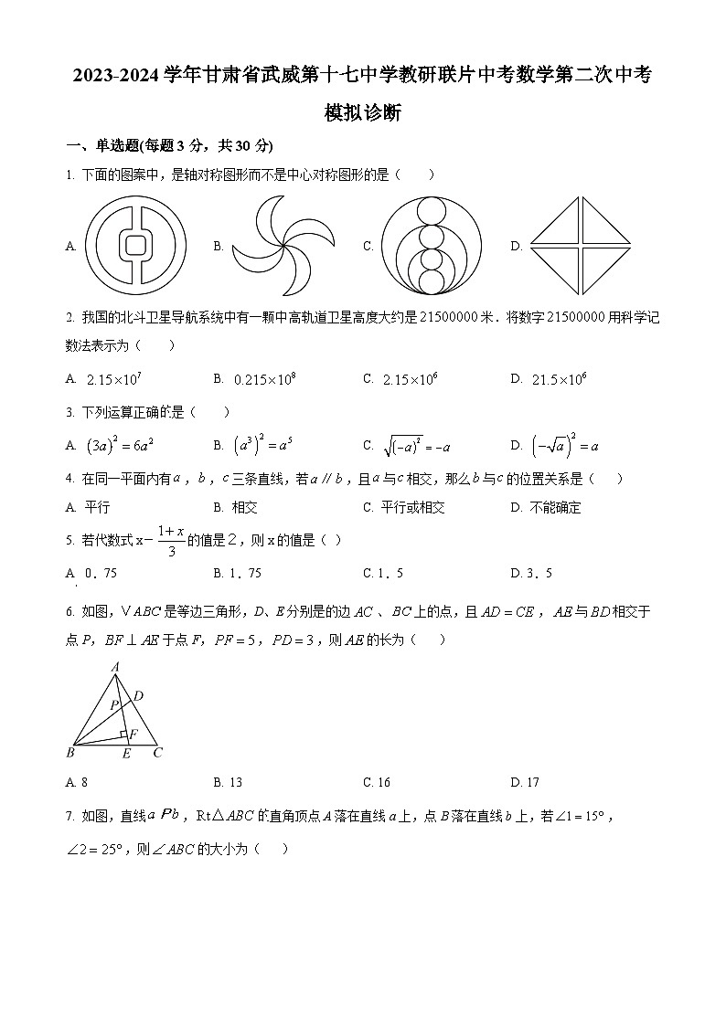 2024年甘肅省武威市涼州區(qū)武威第十七中學(xué)教研聯(lián)片九年級中考模擬二模數(shù)學(xué)試題（原卷版）第1頁