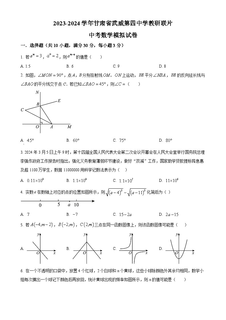 2024年甘肅省武威市涼州區(qū)武威第四中學(xué)教研聯(lián)片中考模擬考試二模數(shù)學(xué)試題（原卷版）第1頁