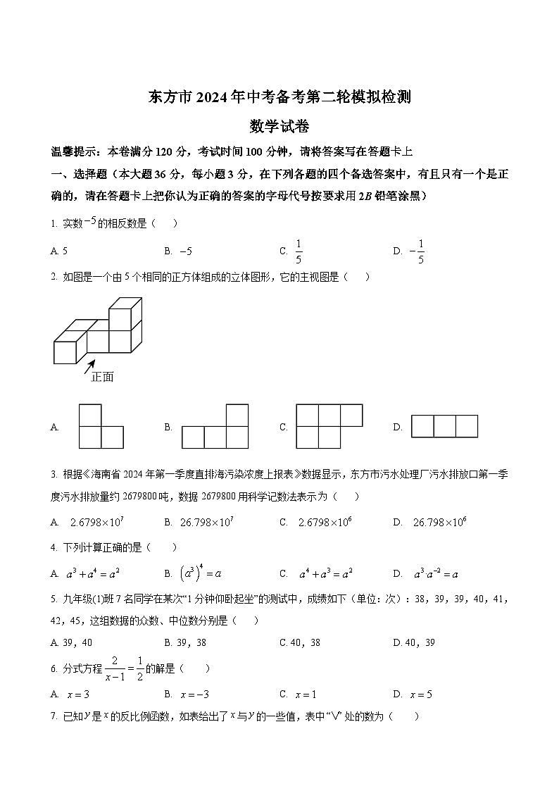 海南省东方市2024届九年级下学期中考二模数学试卷(含答案)01