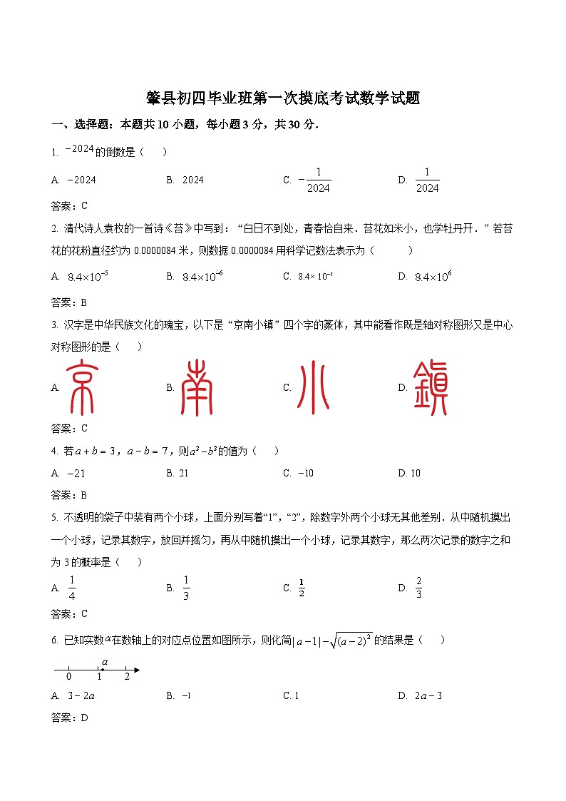 黑龍江省大慶市肇源縣2024屆九年級(jí)（五四學(xué)制）中考一模數(shù)學(xué)試卷(含答案)第1頁(yè)