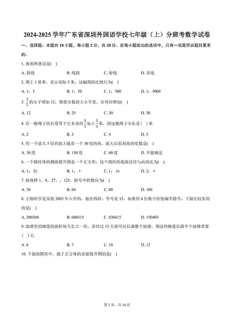 广东省深圳外国语学校2024-2025学年七年级上学期分班考数学试卷+答案第1页