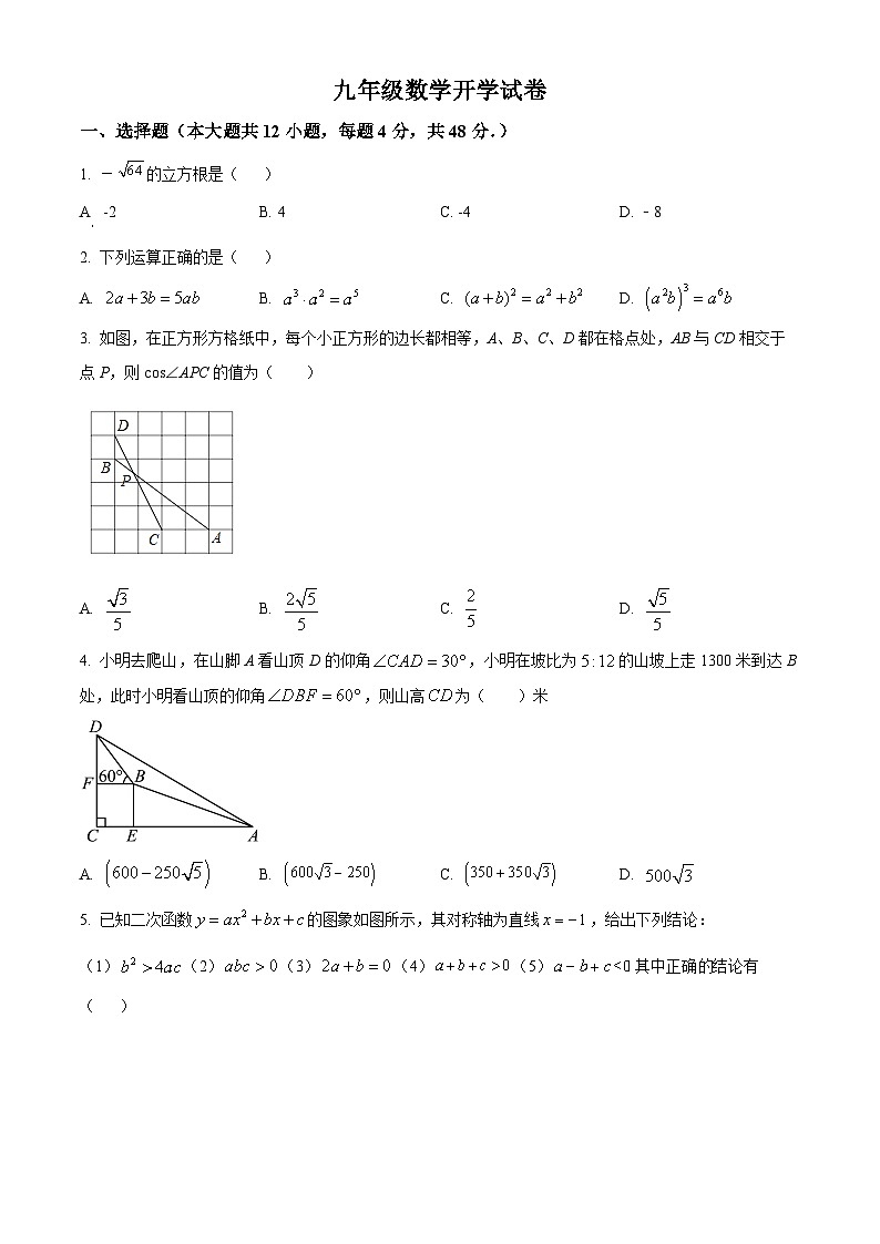山东省聊城市阳谷县第二实验中学2023-2024学年九年级下学期开学数学试题(原卷版+解析版)01