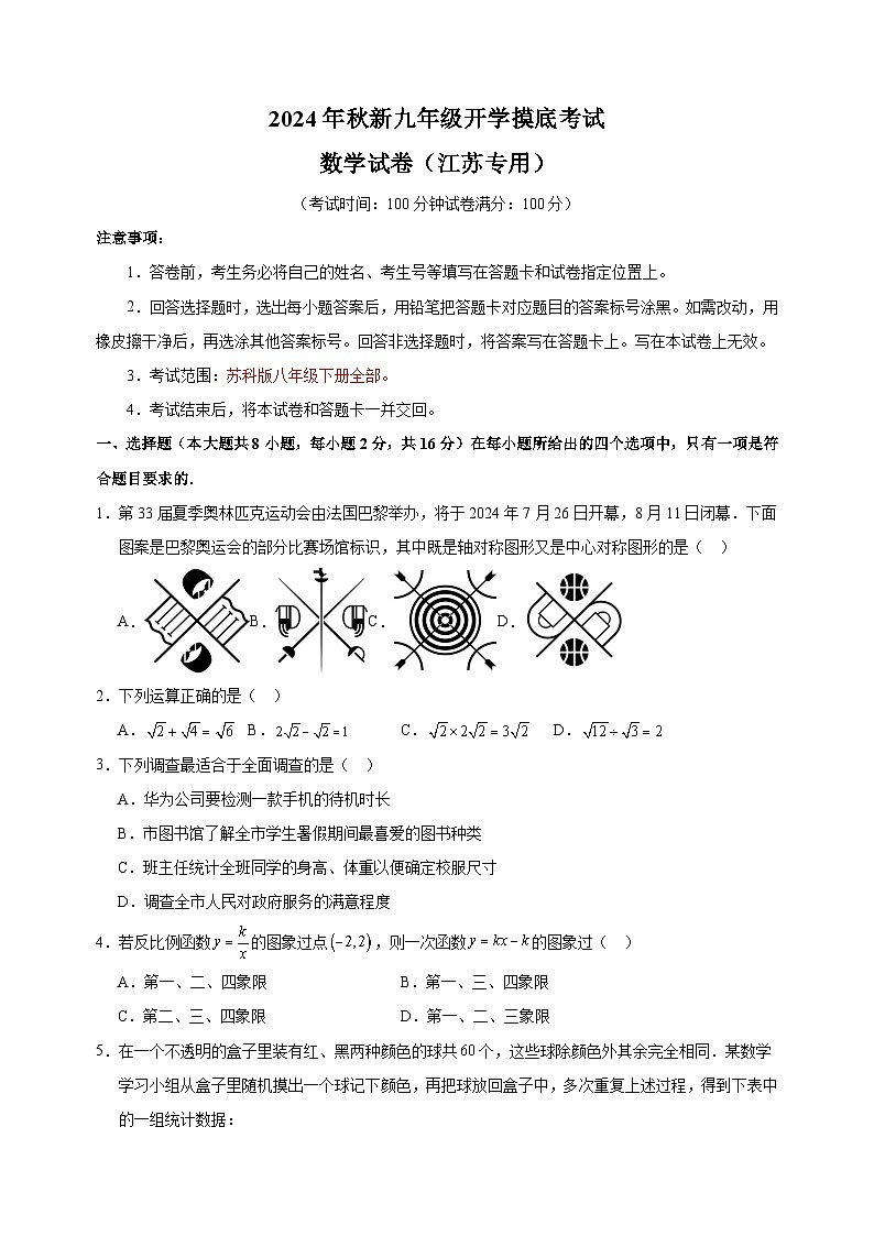 2024年秋季新九年级开学摸底考试数学试卷(苏科版)(含答案解析)第1页