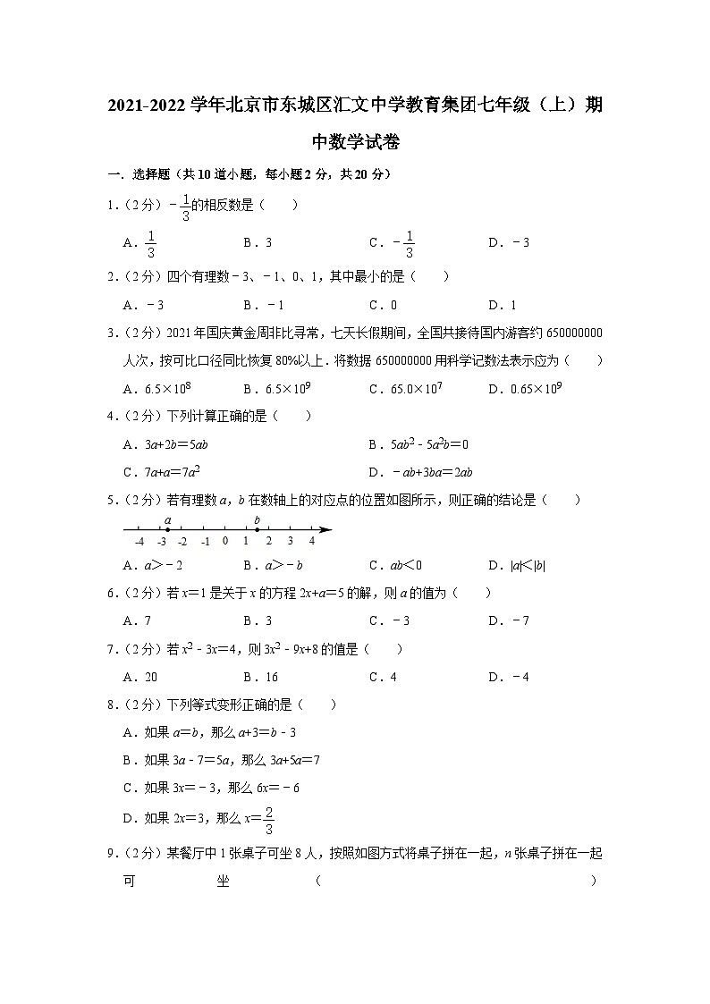 2021-2022学年北京市东城区汇文中学教育集团七年级(上)期中数学试卷【含解析】第1页