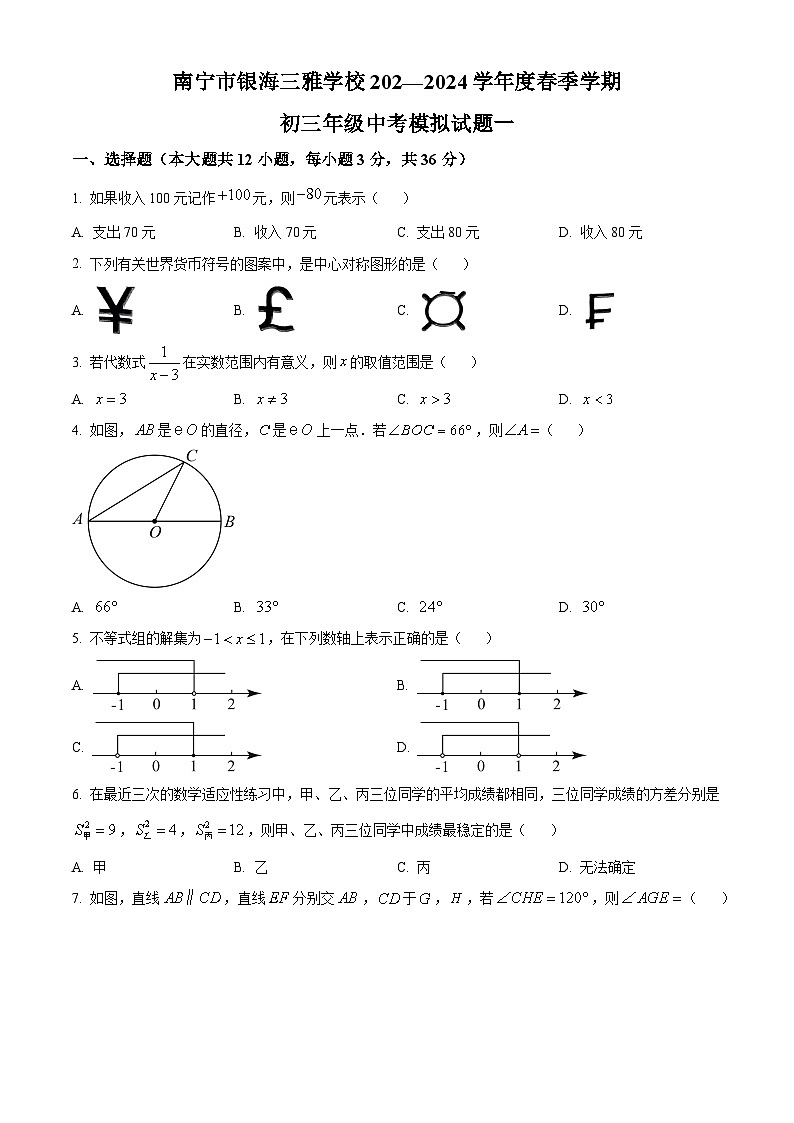 广西南宁市良庆区银海三雅学校2023-2024学年九年级下学期开学考数学试题(原卷版)第1页