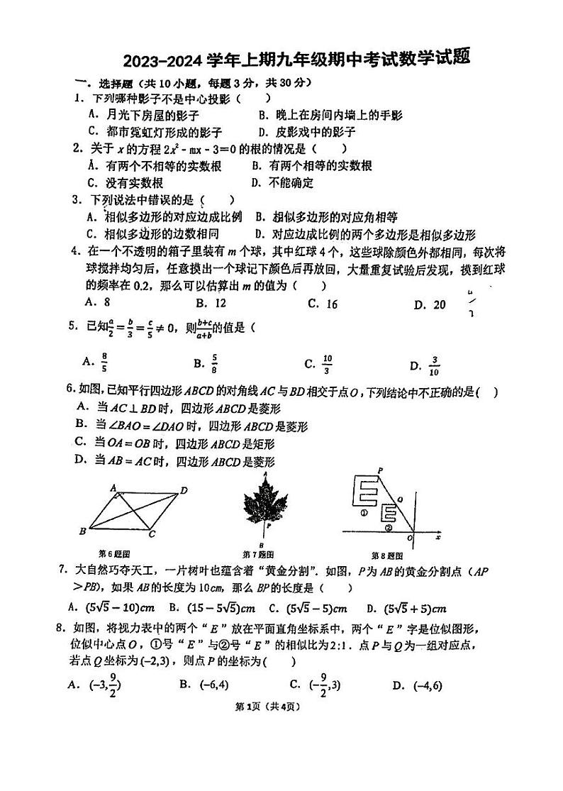 河南省郑州枫杨外国语学校(东枫杨)2023-—2024学年上学期九年级数学期中试卷第1页