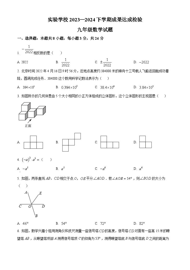 吉林省长春市经济技术开发区实验学校2023-2024年下学期成果达成检验九年级数学试题（开学考）（原卷版）