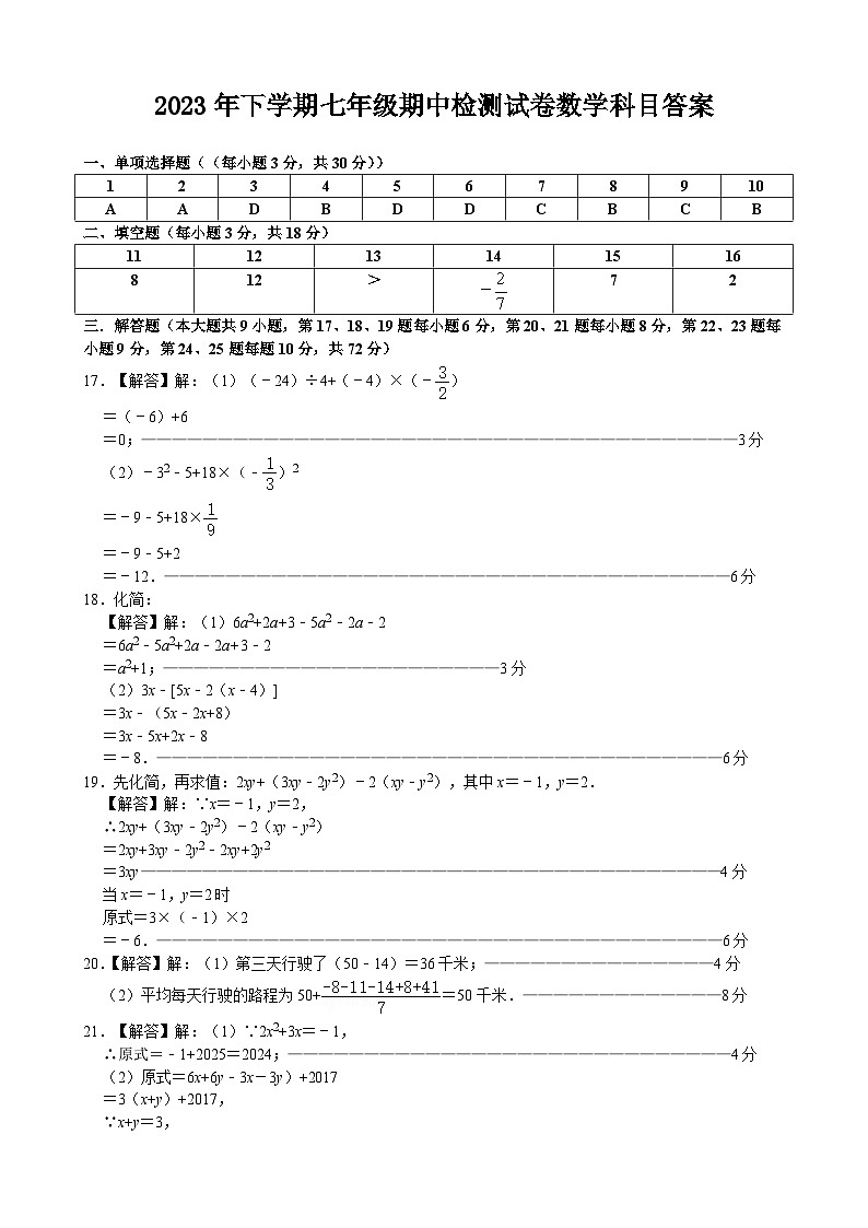 湖南省长沙市雅礼教育集团2023—-2024学年七年级上学期期中考试数学试题01