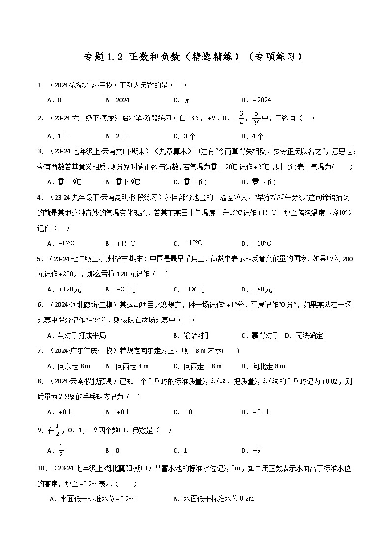 专题1.2 正数和负数(精选精练)(专项练习)-2024-2025学年七年级数学上册基础知识专项突破讲与练(人教版)01