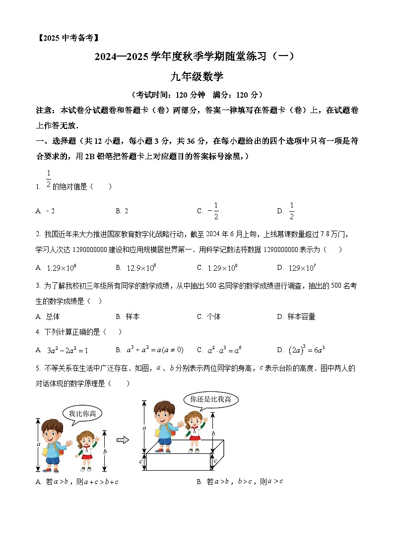 广西南宁三中青秀校区2024-2025学年九年级上学期开学检测数学试题(原卷版)01