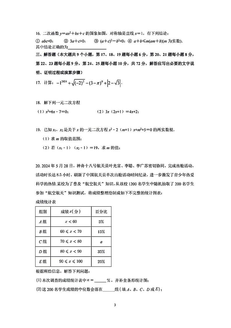 湖南省长沙市怡海中学2024-2025学年九年级上学期入学考试数学试卷03