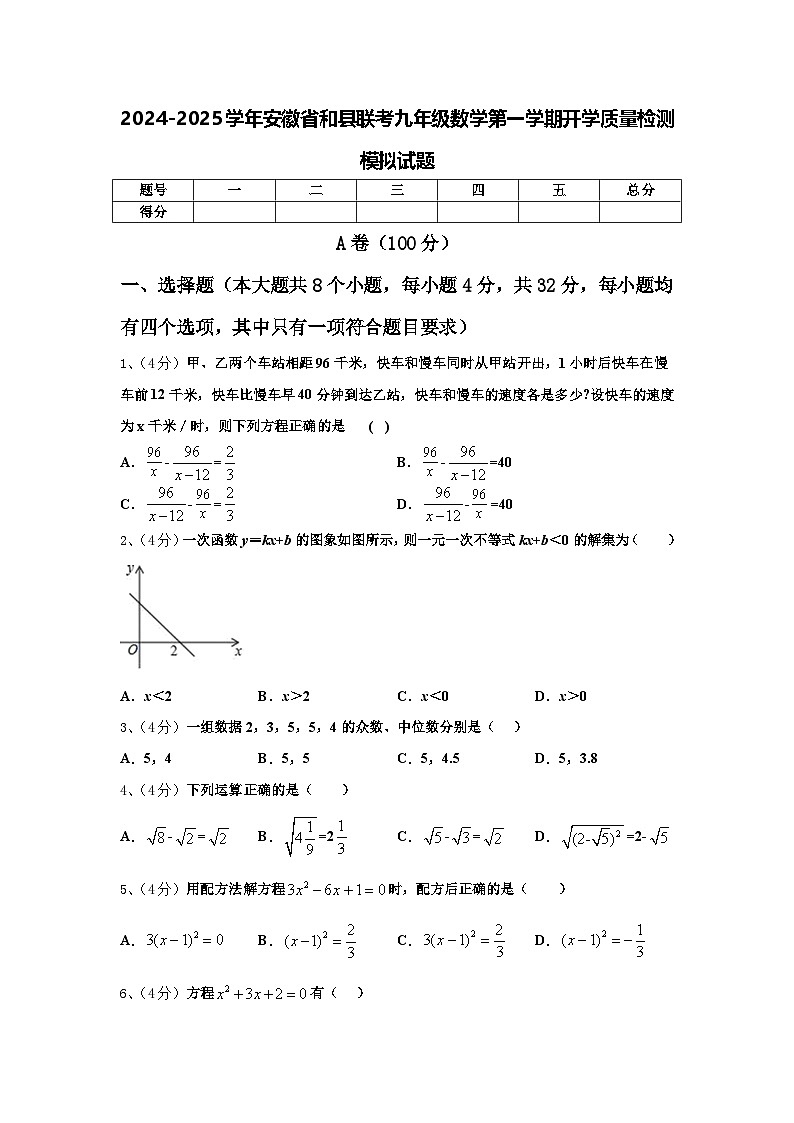 2024-2025学年安徽省和县联考九年级数学第一学期开学质量检测模拟试题【含答案】第1页