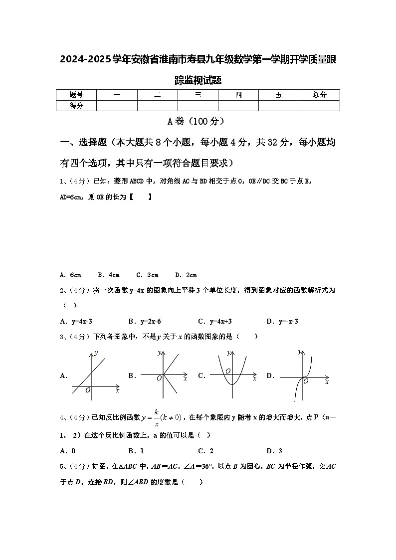 2024-2025学年安徽省淮南市寿县九年级数学第一学期开学质量跟踪监视试题【含答案】第1页