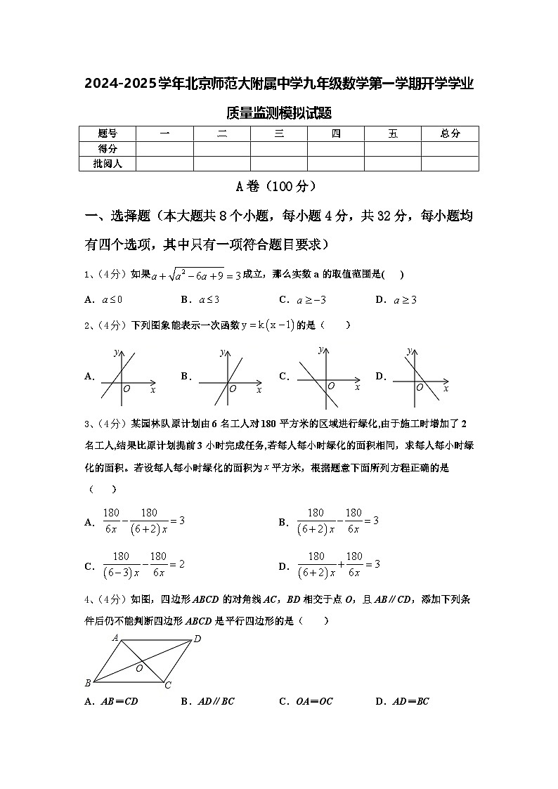 2024-2025学年北京师范大附属中学九年级数学第一学期开学学业质量监测模拟试题【含答案】01