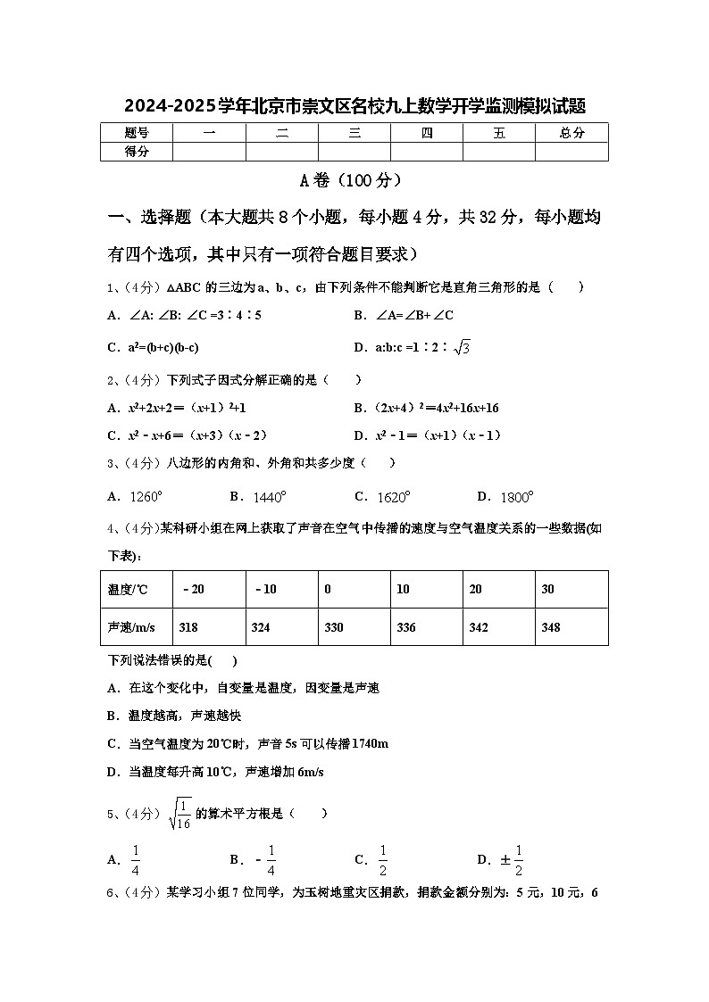 2024-2025学年北京市崇文区名校九上数学开学监测模拟试题【含答案】第1页