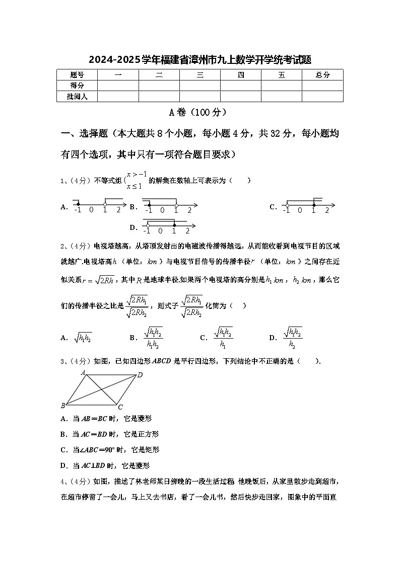 2024-2025学年福建省漳州市九上数学开学统考试题【含答案】01