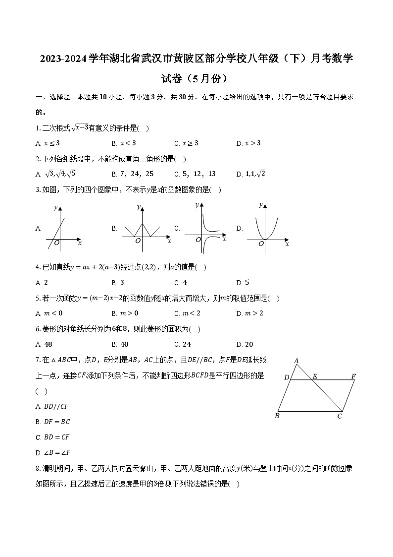 2023-2024学年湖北省武汉市黄陂区部分学校八年级（下）月考数学试卷（5月份）(含解析）