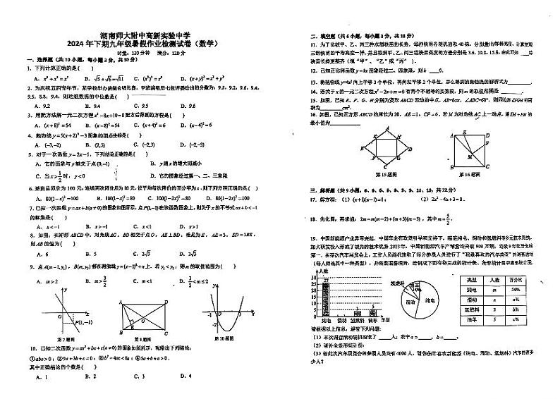 _湖南省长沙市湖南师大附中高新实验中学2024—2025学年上学期入学考试九年级数学试卷01