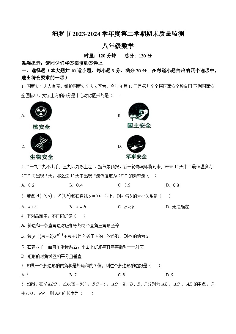 湖南省岳阳市汨罗市2023-2024年八年级下学期期末数学试题(原卷版)第1页