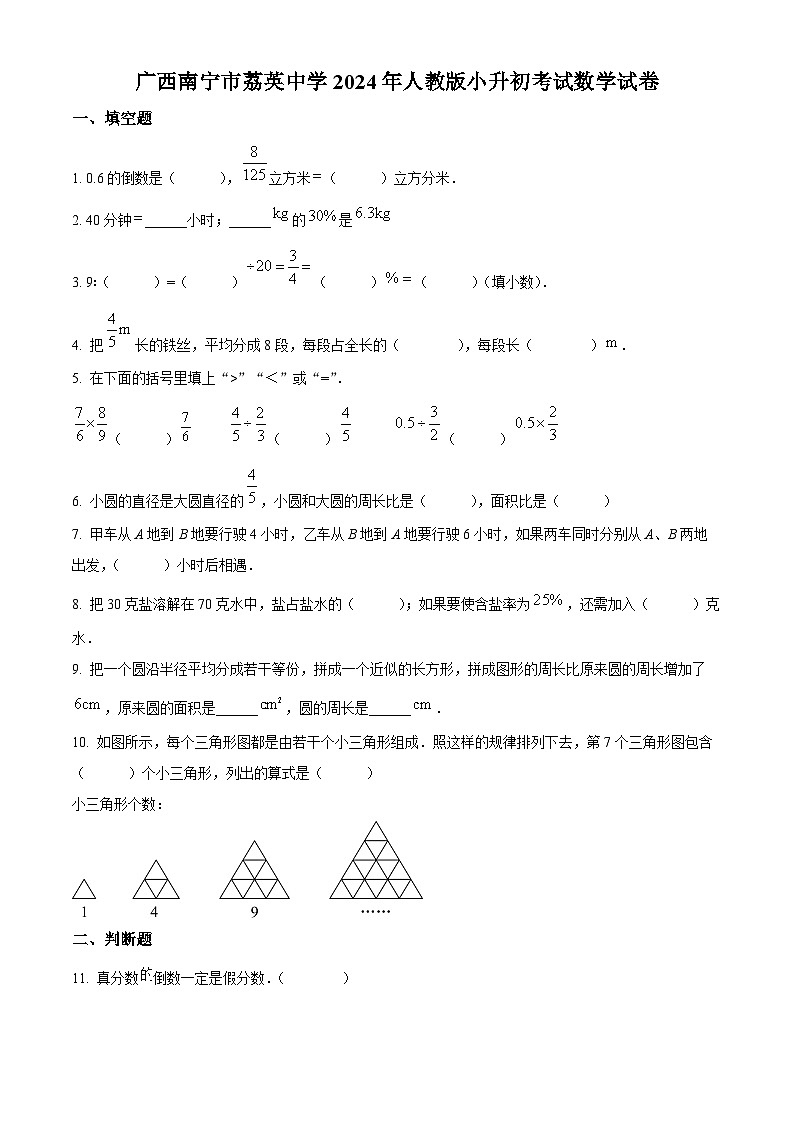 广西南宁市青秀区荔英中学2024-2025学年七年级上学期开学分班考试数学试题 (原卷版+解析版)01