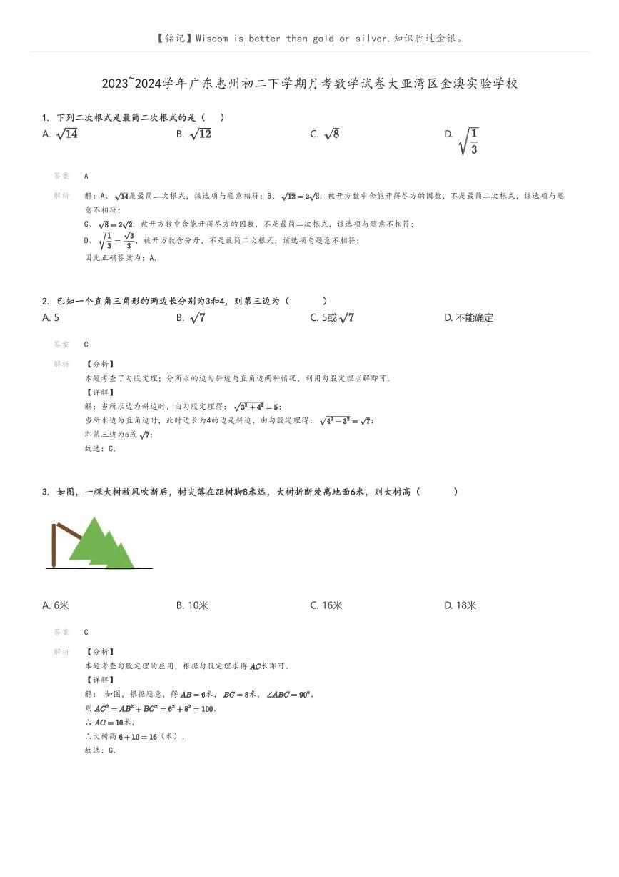 [数学]2023～2024学年广东惠州初二下学期月考数学试卷大亚湾区金澳实验学校(原题版+解析版)