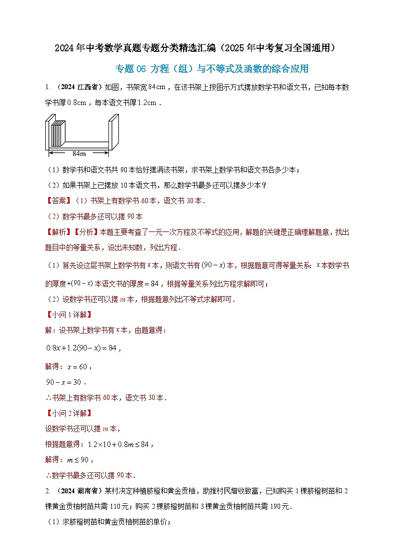 专题06 方程(组)与不等式及函数的综合应用-【真题汇编】2024年中考数学真题专题分类汇编练习(原卷版+解析版)01