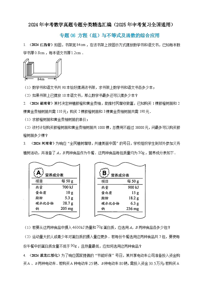 专题06 方程(组)与不等式及函数的综合应用-【真题汇编】2024年中考数学真题专题分类汇编练习(原卷版+解析版)01